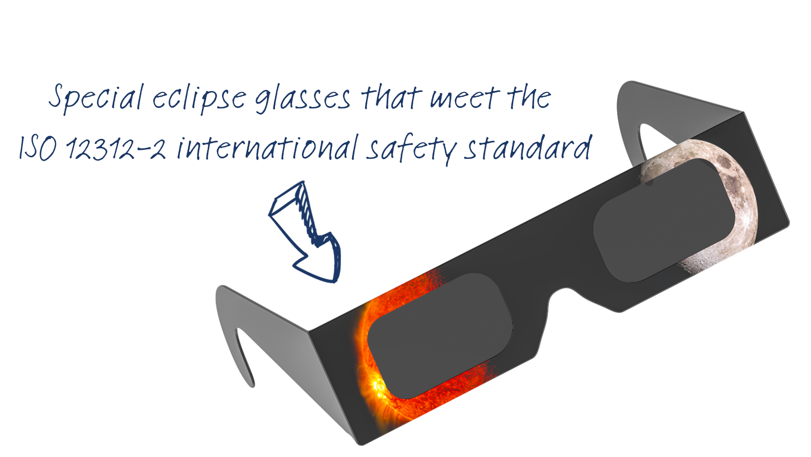 A simple graphic that shows an example of ISO 12312-2 safety standard solar viewing glasses
