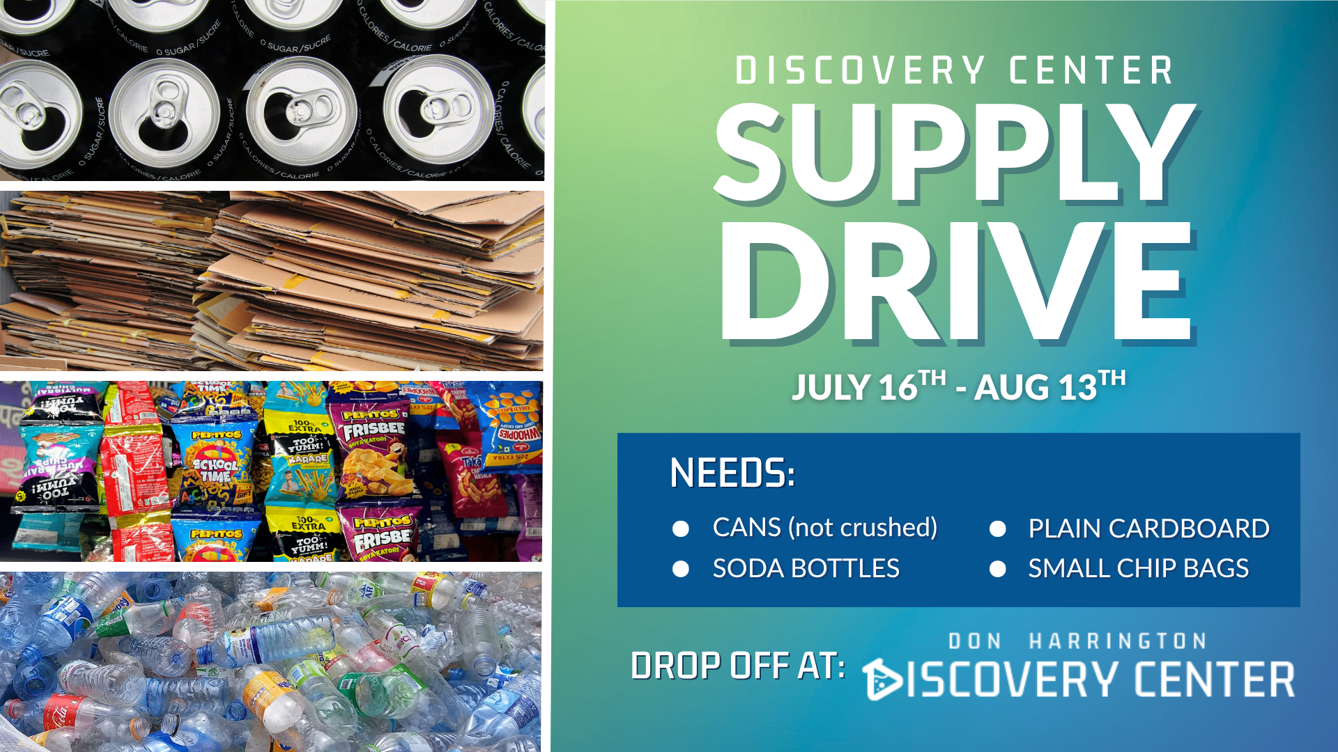 A graphic with information about the Supply Drive such as the dates, needs, and drop off location with pictures showing examples of the needs as well.