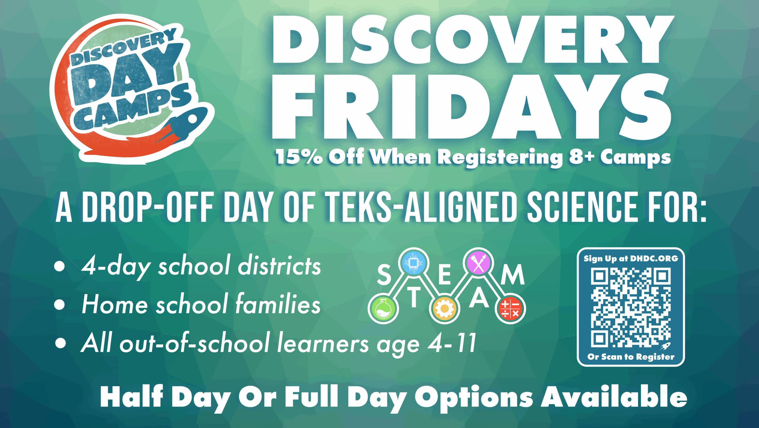 Discovery Fridays graphic for the Amarillo area don harrington discovery center's Friday childcare day camp option