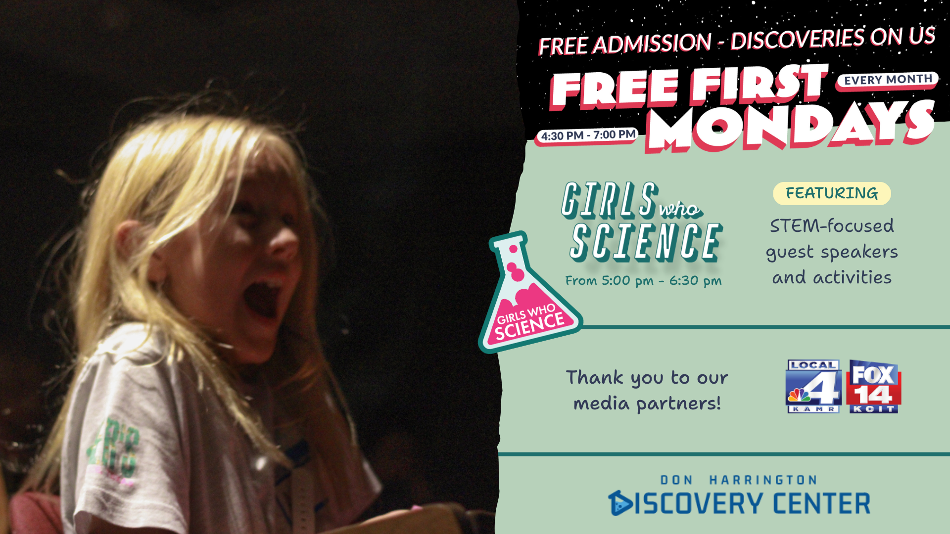 Girls Who Science and Free First Monday graphic